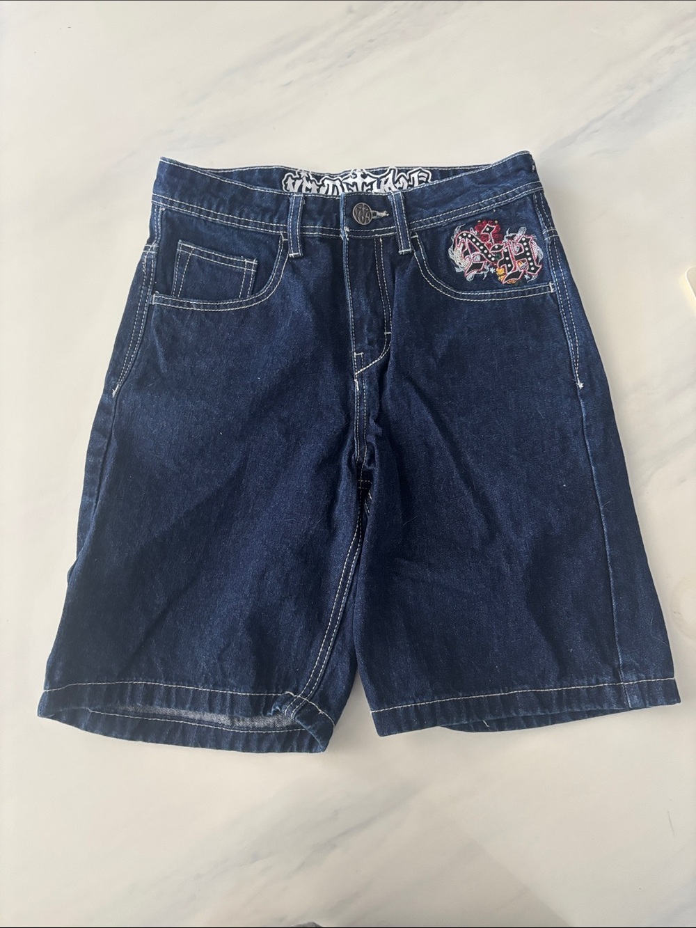 Dark Blue ninth hall Denim Shorts with Embroidery and some gems